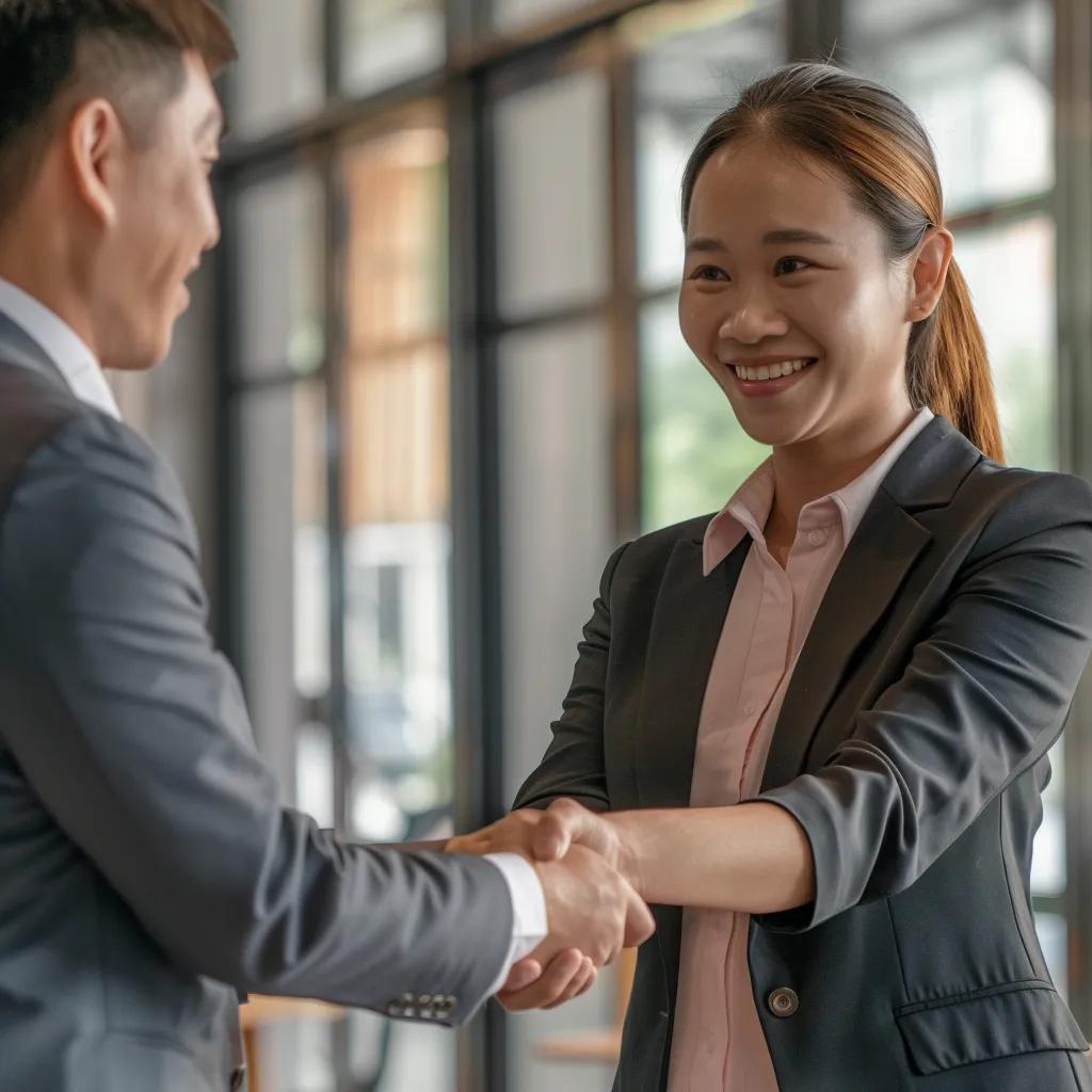 Satisfied client celebrating success with an immigration lawyer in a law office